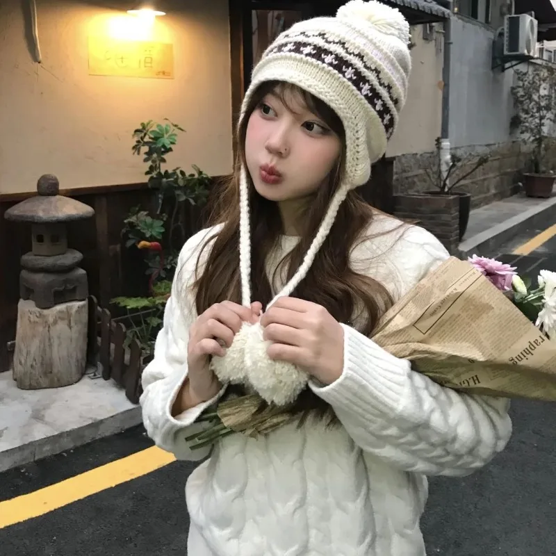 Retro Knitted Wool Hat for Children with Pom Pom and Thickened Ear Flap for Winter Warm Korean Style Cold Proof Beanie
