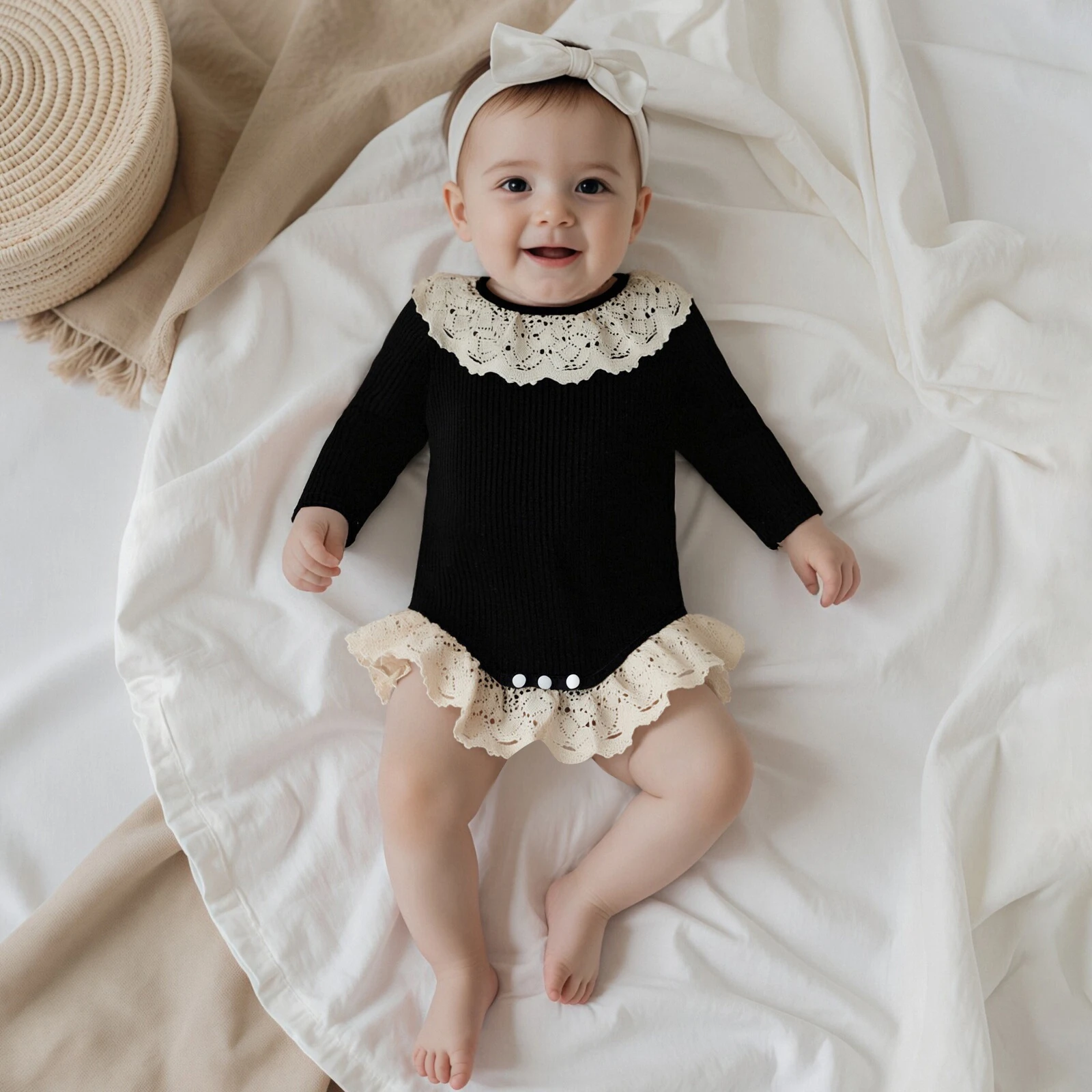 طفلة الخريف عارضة رومبير الرضع طويلة الأكمام جولة الرقبة الدانتيل تقليم حللا #6