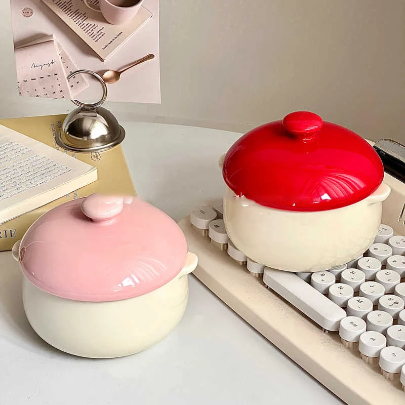 Ceramic Food Storage Jar Cooking Stew Pot With Lid 350 Ml Mini Thickened Household Non-stick Binaural Steaming Pot Stewed Soup