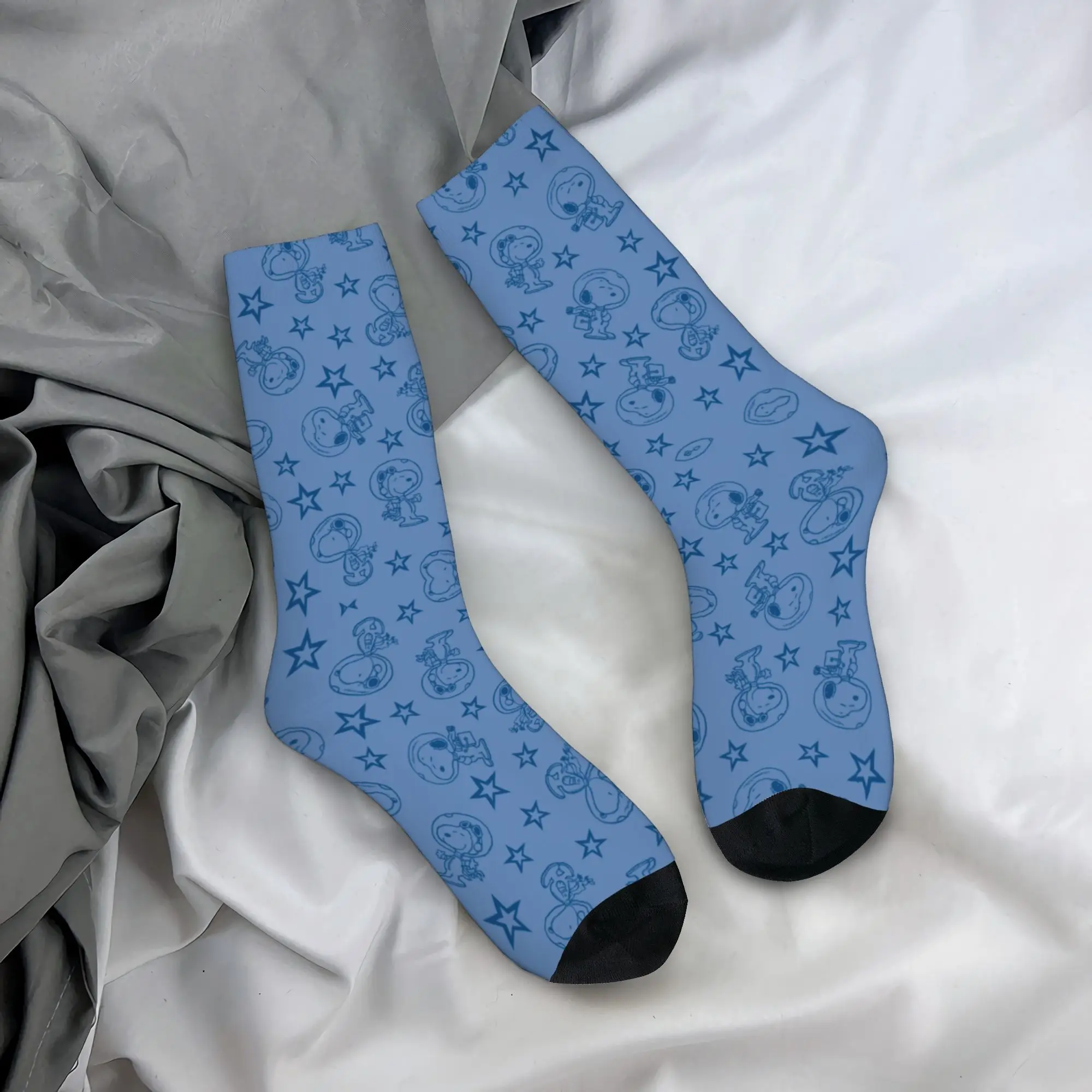Cool S-Snoopys Blue Space Astronaut Pattern Skateboard Socks  Polyester Middle Tube Socks for Women Men Sweat Absorbing