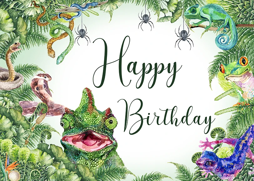 Pano de fundo de aniversário com tema de insetos, cenário de aniversário infantil, folhas verdes tropicais, decoração de festa, adereços para fotos