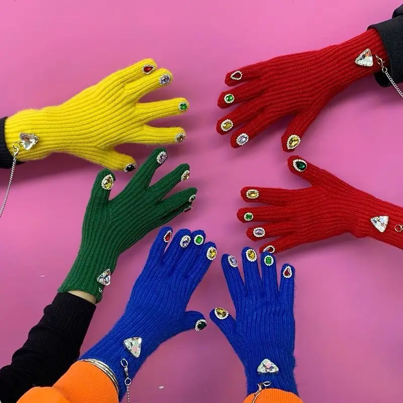 High Appearance Versatile Gloves Personalized Woolen Warm Gloves Autumn Winter Thick Diamond Gloves Chain Touch Screen Trendy