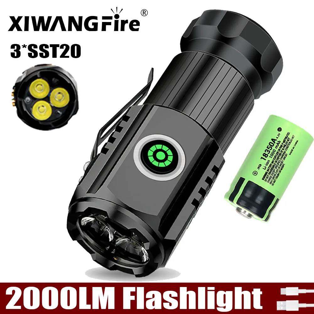 2000LM Powerful Portable Mini LED Flashlight  3LED Ultra Strong Light 18350 Battery USB C Rechargeable With Magnet Torch