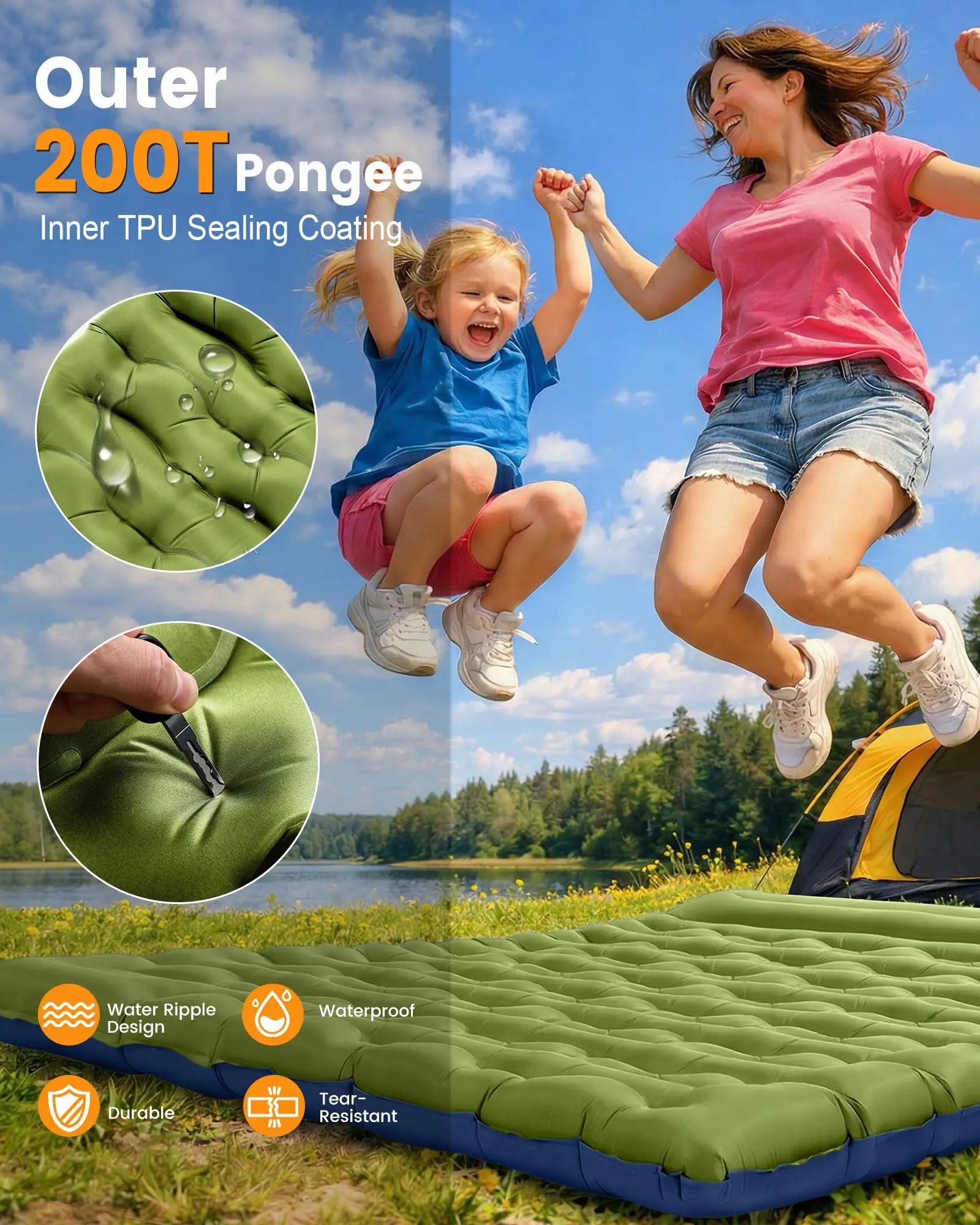 Thick Inflatable Camping Sleeping Pad with Built-in Pillow & Foot Pump, Portable Lightweight Waterproof Air Mattress, Foldable O view 6