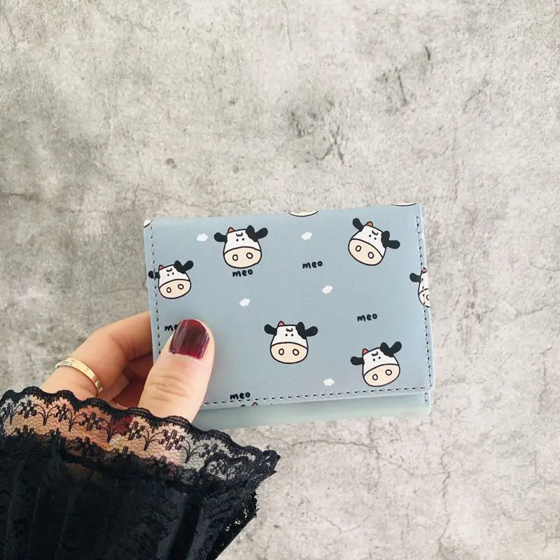 Mulheres Carteira Bonito Vaca Impressão PU De Couro Titular Do Cartão De Negócios Feminino Menina Coin Purse Pouch Mulheres Tri-fold Cartoon Curto Carteira