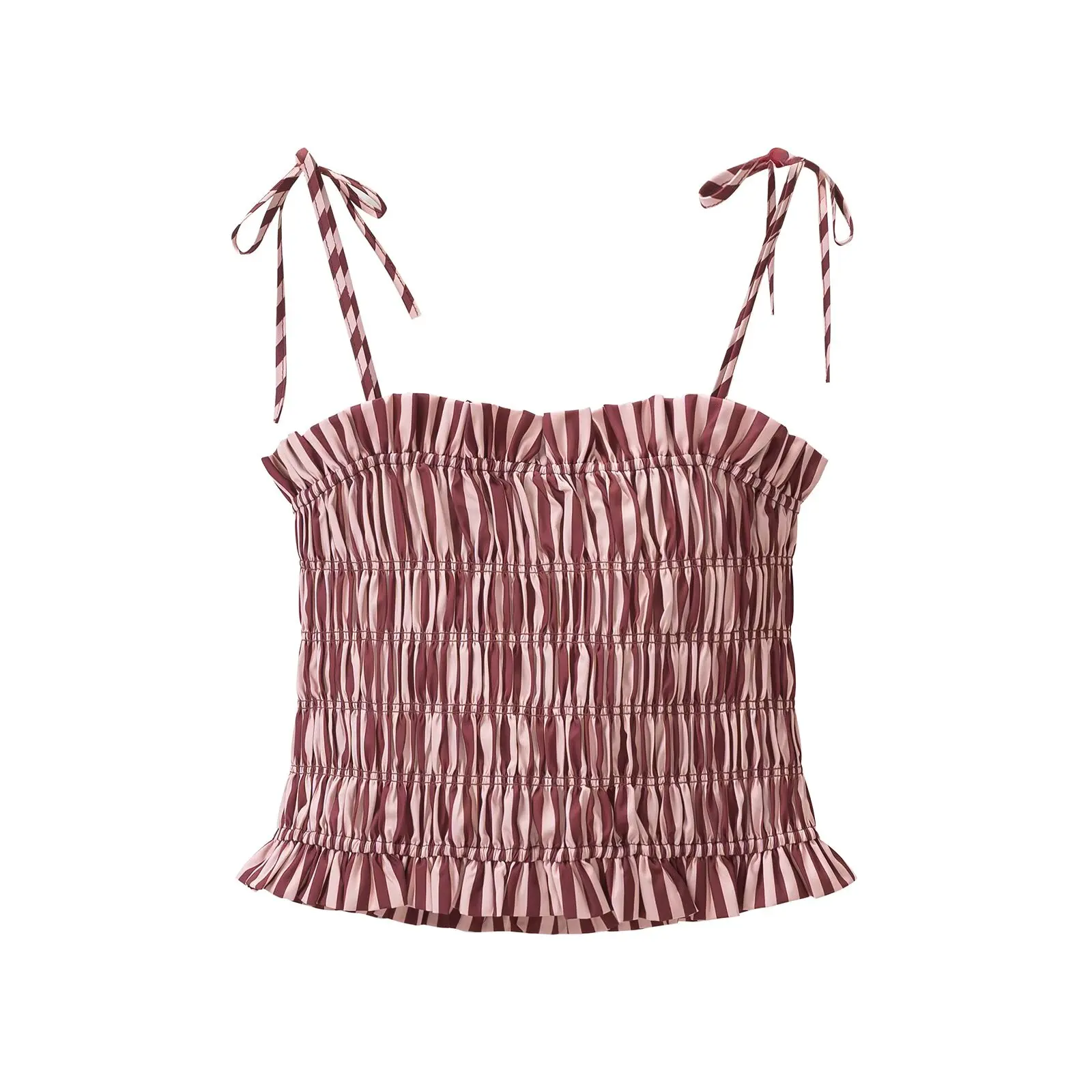 Willshela Women Fashion Striped Pleated Backless Pullover Camis Tops Vintage Thin Straps Slash Neck Female Chic Lady Crop Top