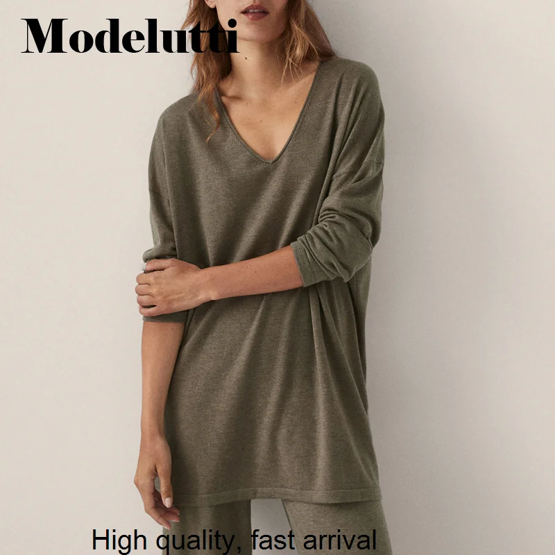 

Spring 2023 New Autumn Fashion V-Neck Knitted Sweater Loose Pullovers Women Solid Color Simple Casual Elegant Female