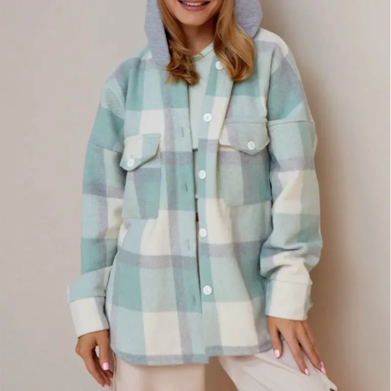 

Зимняя модная уличная одежда, верхнее пальто, осенняя элегантная куртка с капюшоном в клетку и принтом, женская повседневная свободная короткая куртка с длинными рукавами