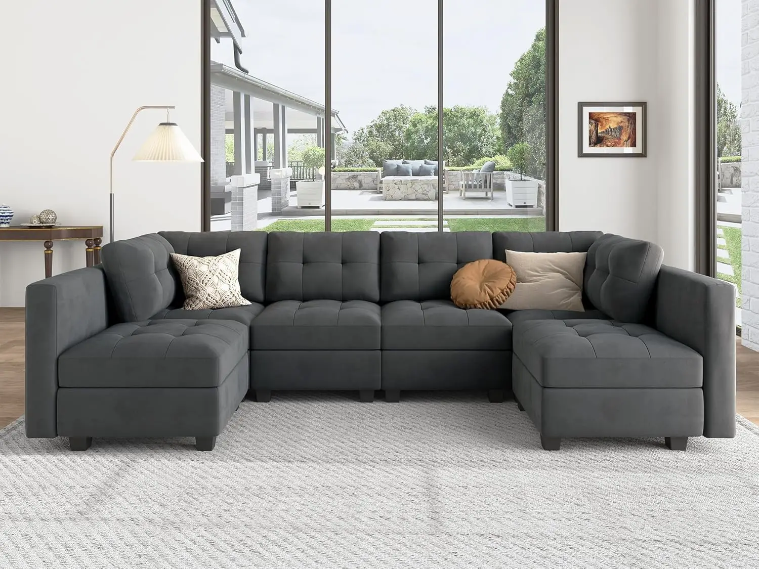 

Modular Sectional Sofa Velvet U Shaped Couch with Reversible Chaises 6 Seater Sectional Sofa with Storage Seat, Bluish Grey