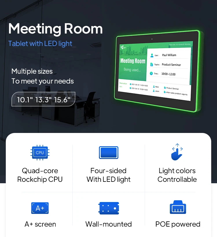 Wall Mount 10.1 Inch Android Meeting Room POE Tablet With LED Light Bar LCD Touch Screen