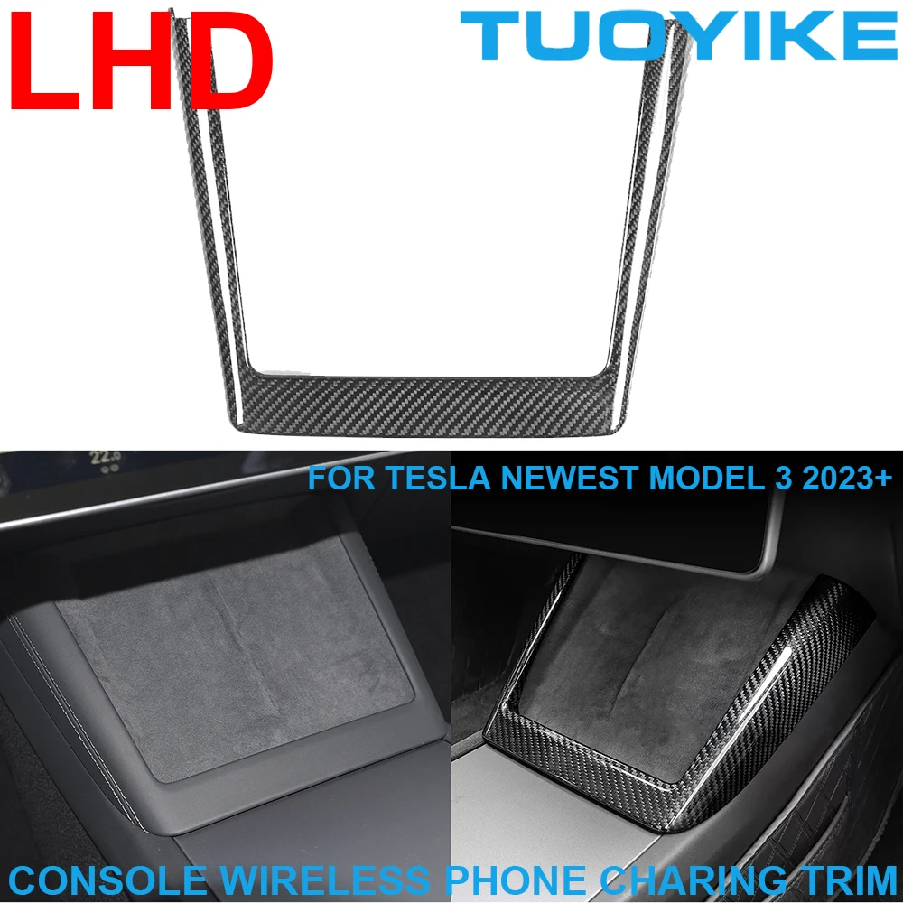 LHD Car Styling Real Dry Carbon Fiber Center Console Wireless Phone Charging Trim Decoration For Tesla Newest Model 3 2023+