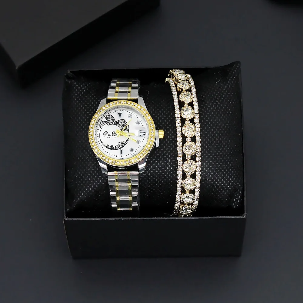 2PCS Set Women Luxury Quartz Watch Rhinestone Fashion Wristwatch Casual Ladies Watches Bracelet Set Clock Montre Femme + Box