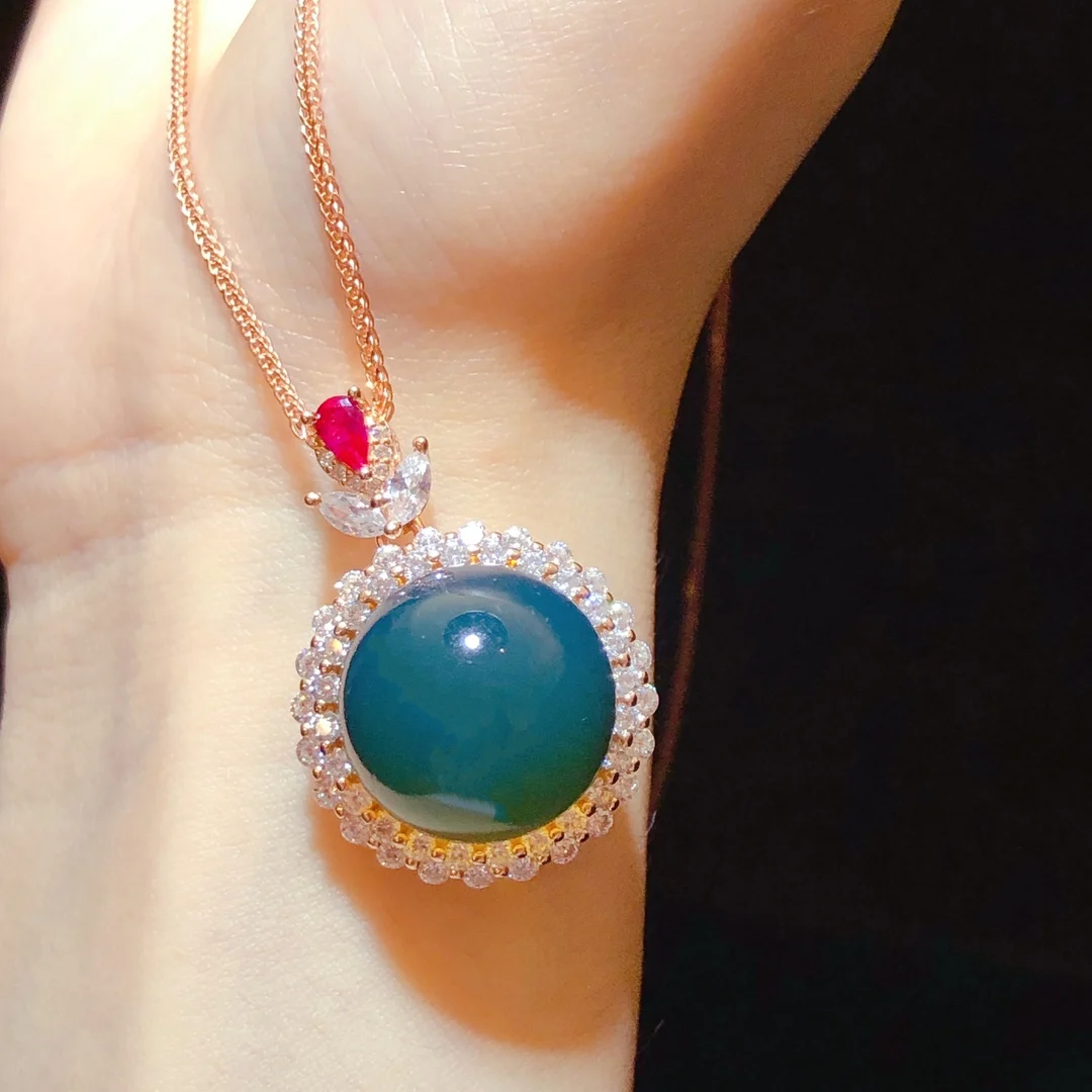 Colgante de ámbar azul natural con diseño único de girasol de 16 mm con rubí ​ ​ decoración collar de plata de ley regalo de mujer