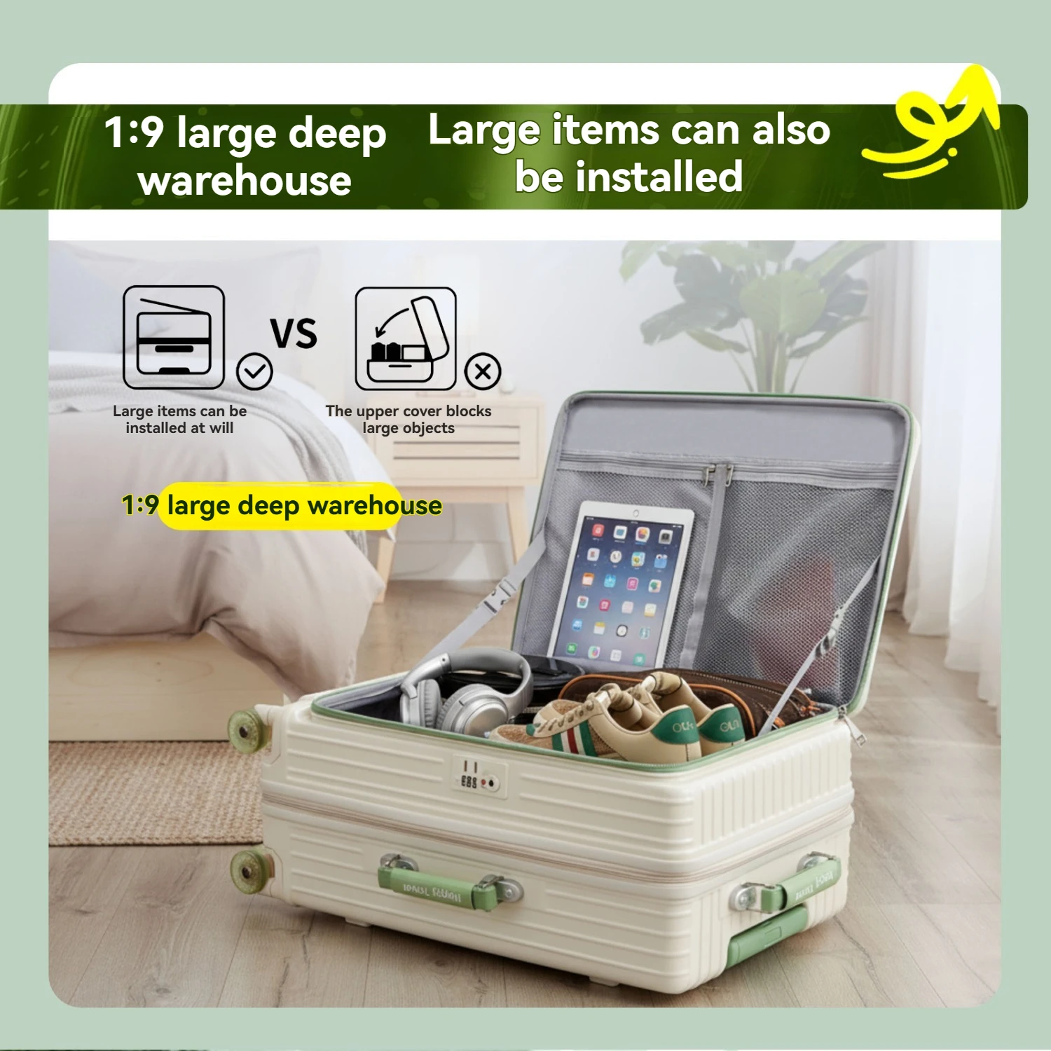 مجموعة مكونة من قطعة واحدة من حقيبة الفتح الأمامية بعجلات جيلي، وحقيبة تروللي بعجلات مع طبقة توسيع 5 سم، ومقبض جلدي، وحامل أمتعة مع حامل هاتف، ووظيفة خطاف جانبي، وقفل مخصص لقضاء عطلة الشاطئ في الهواء الطلق والسفر لمسافات طويلة