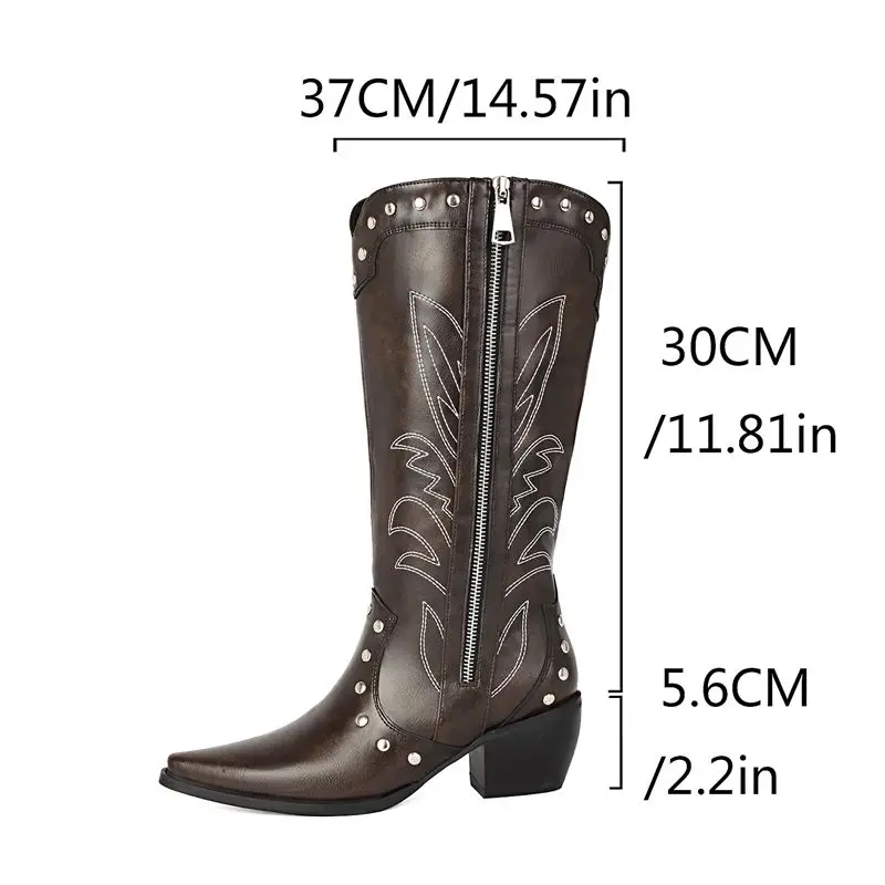 Girseaby Retro Female Western Boots Square Toe 5.6cm Thick Heels Zipper Embroider Rivets Extended Size 41 42 43 Black