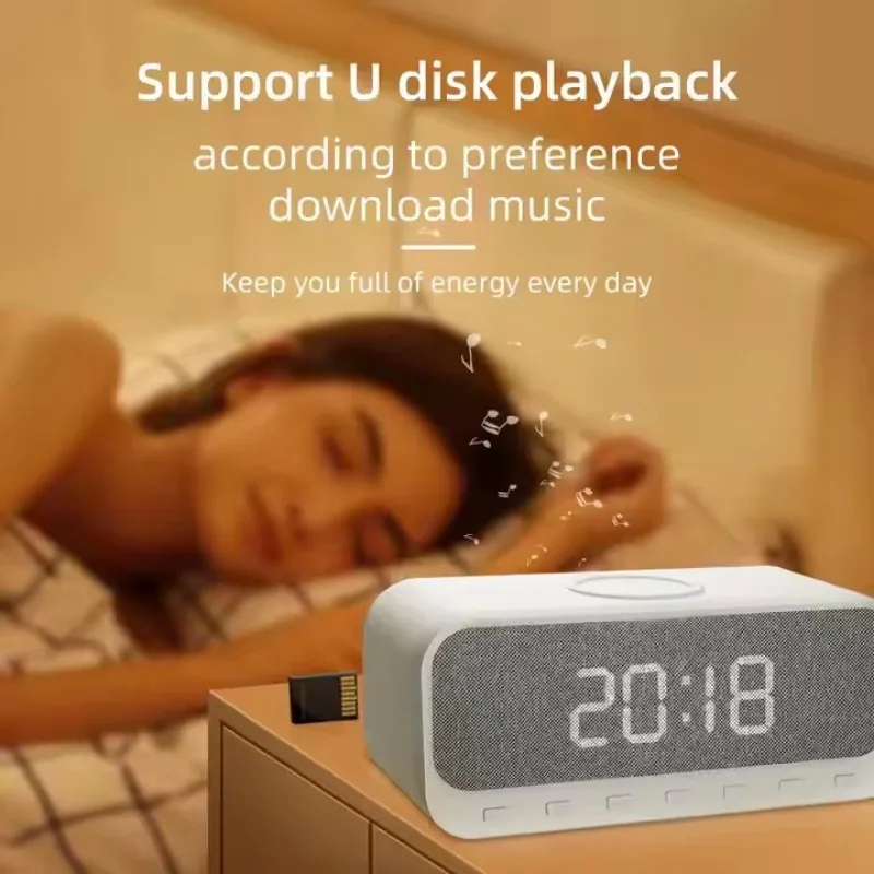 LED Digital Alarm Clock Wireless Charger Multi-function Mobile Phone 15W Fast Charge Speaker With FM Radio USB AUX Music Playing