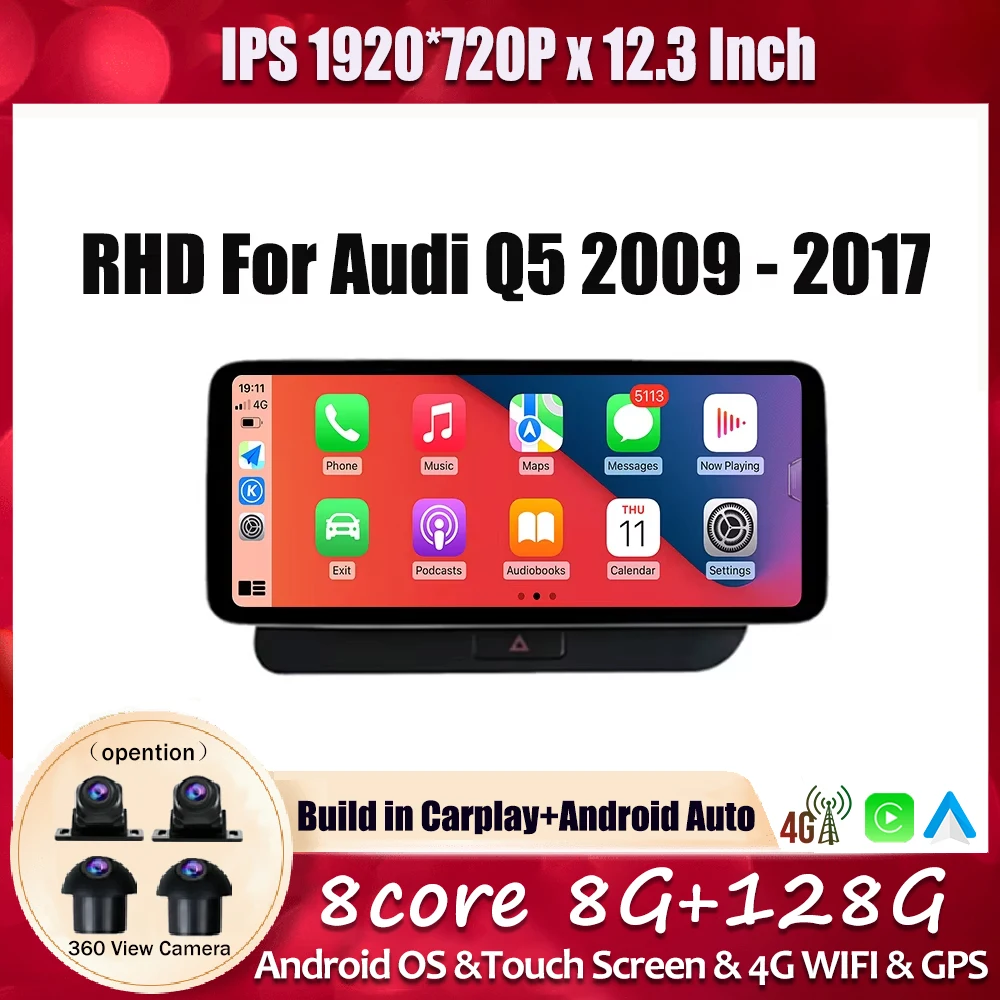 12.3“ Android OS Multimedia Player RHD For Audi Q5 2009 - 2017 Carplay IPS Screen Bluetooth WIFI Car Stereo Auto Radio GPS Navi