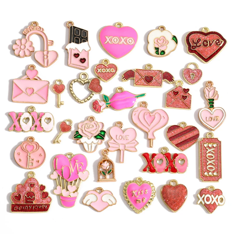 

5pcs 32styles pink Enamel heart Charms Valentine's Day Pendants For DIY romantic Valentine's Day Jewelry Making Accessories W519