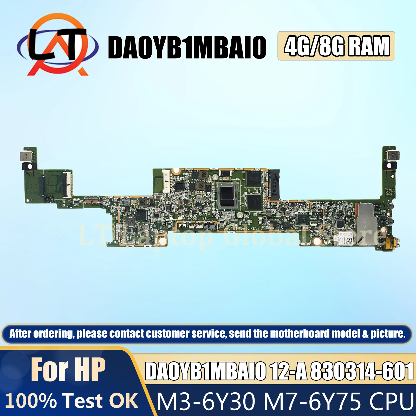 

Laptop Motherboard X2 12-A For HP DA0YB1MBAI0 Mainboard With M3-6Y30 M7-6Y75 CPU 4G/8G-RAM 100%