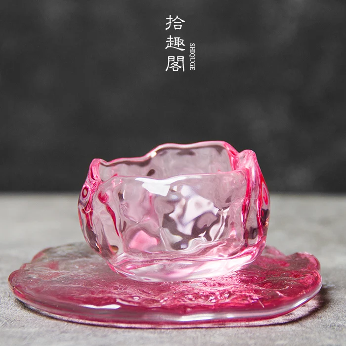 Japanese Handmade Glass Tea Cup, Heat-Resistant Ladies' Pink Bowl, Coaster, Clear Glass, Liquor Single Cup