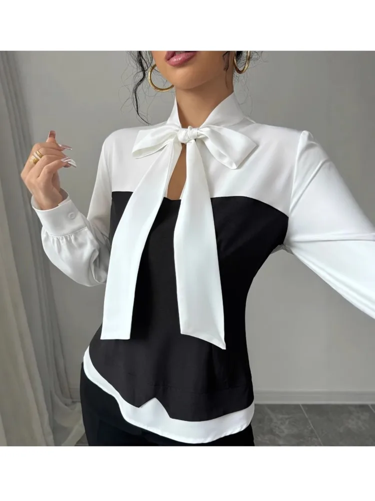 

Autumn Elegant Long Sleeve Tops Commuting Shirts Temperament Blouse For Woman Simple Style All-match Contrast Leace-up Fashion