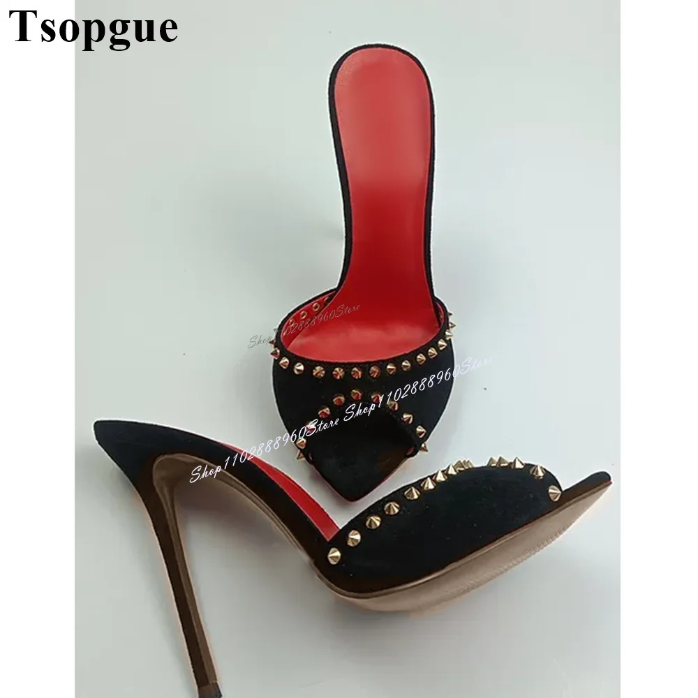 

Sexy Black Flock Rivet Decor Slippers Cut Heel Thin High Heel Women Shoes Slip On Peep Toe 2024 Fashionable Zapatos Para Mujere