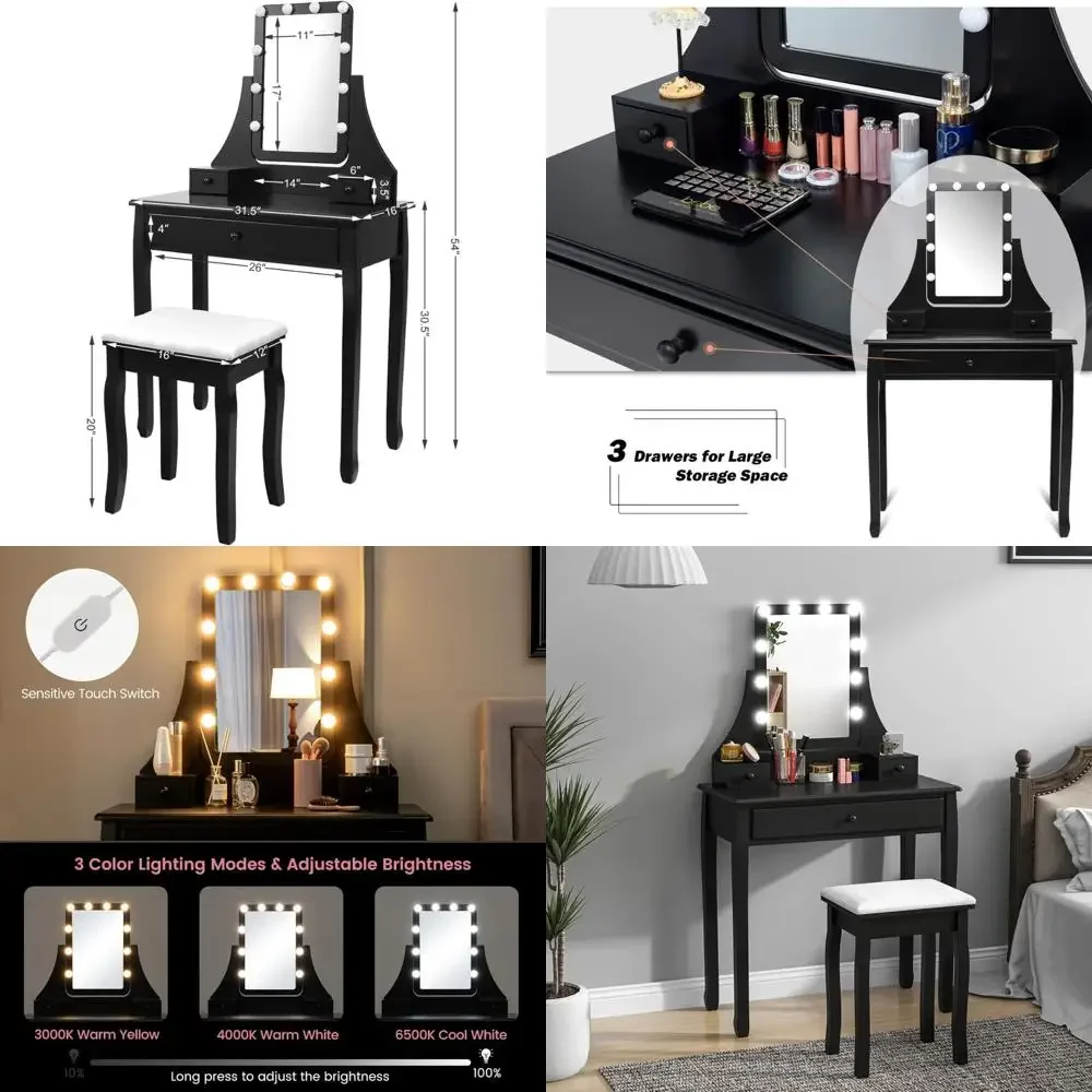 

Туалетный столик с подсветкой, регулируемым столиком для макияжа, 10 светодиодными фонарями, 3 режимами освещения и 3 ящиками для хранения туалетного столика в спальне.