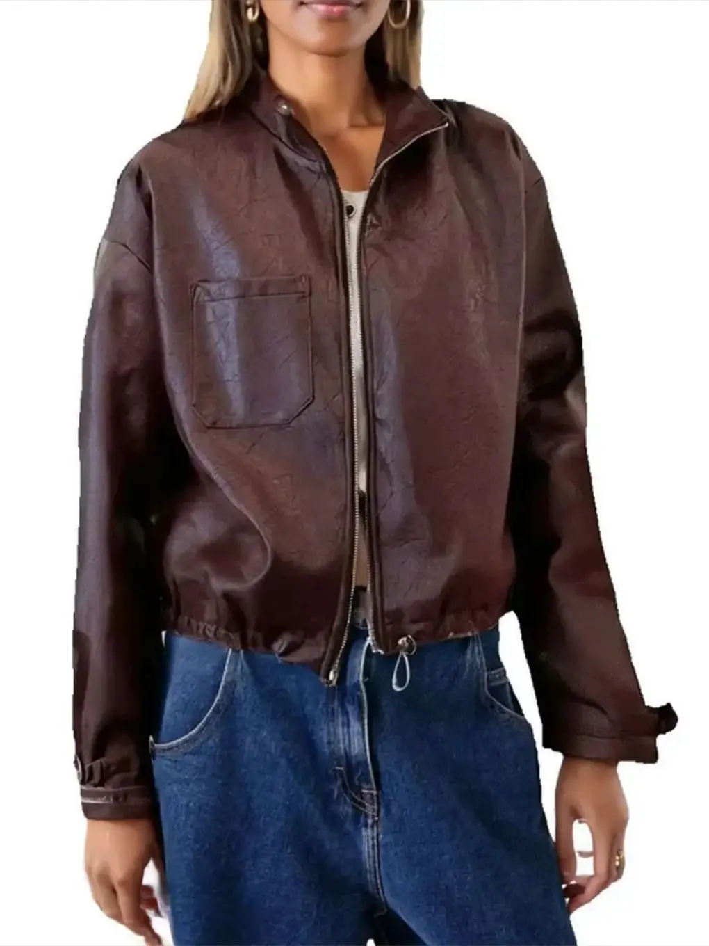 2025 nuove donne di modo vintage bordeaux ecopelle giacche corte femminile elegante allentato tasca con cerniera PU cappotti da strada abbigliamento