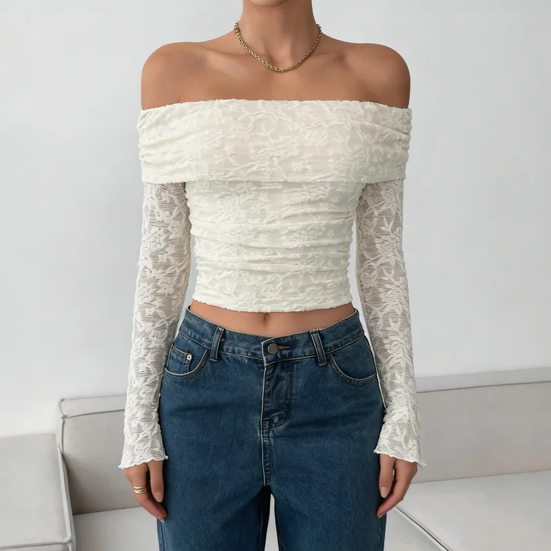 Nuevo Top elegante de manga larga con un cuello para mujer, blusa informal Retro Sexy con bordado de encaje de Color sólido para oficina, primavera y verano