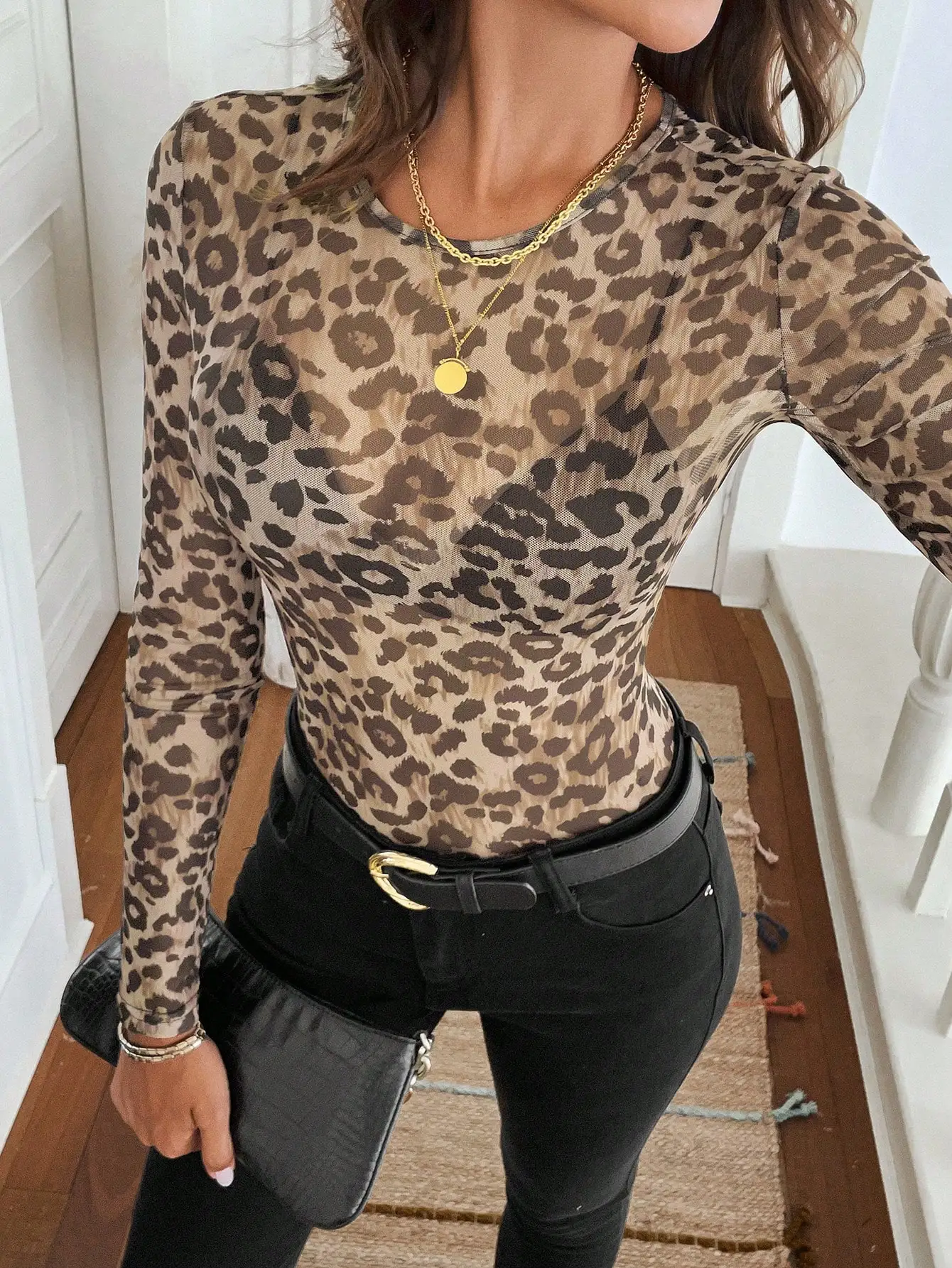 

Leopard Print Mesh Long Sleeve Top for Women - Slim Fit Casual & Office Wear, Autumn Winter Style