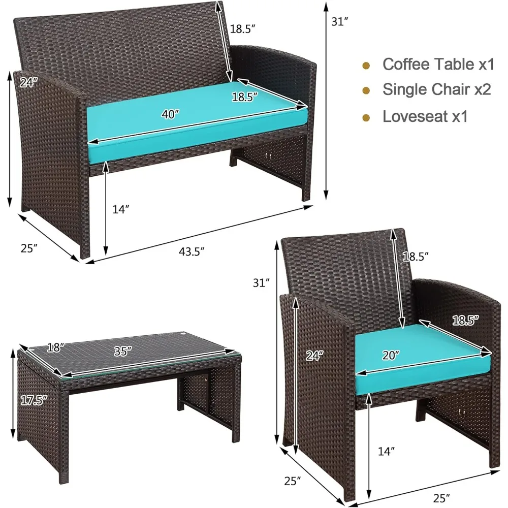 4 Pieces Wicker Patio Furniture Set, Outdoor PE Rattan Conversation Set with Chairs,Loveseat, Coffee Table,Cushions for Poolside