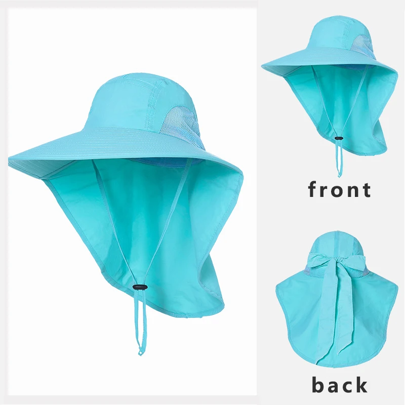 Summer Women Sun Hat with Shawl Large Bowknot Solid Color Breahtable Bucket Cap Quick Drying Anti-UV Outdoor Travel Beach Hat