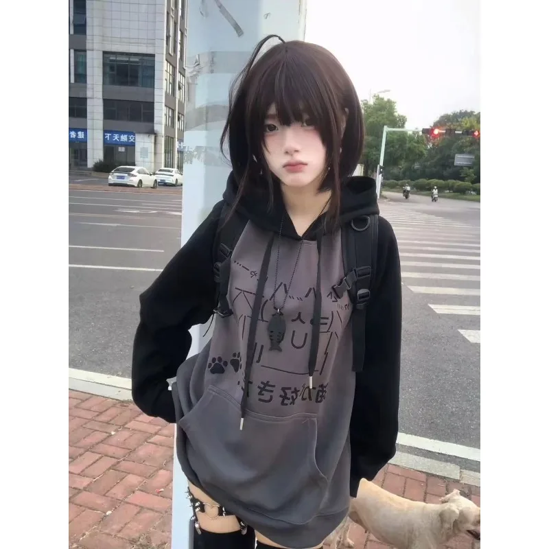 Japanese Anime Printed Long-sleeved Hoodie Autumn Winter Subculture Kawaii T-shirt Grey Black Color Youthful Women's Blouse