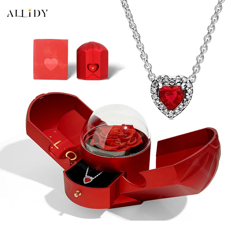 Valentine's Day Gift Set Real Preserved Rose Jewelry Box and Red Pink Love Pendant Silver Necklace Proposal Gift for Women Girl