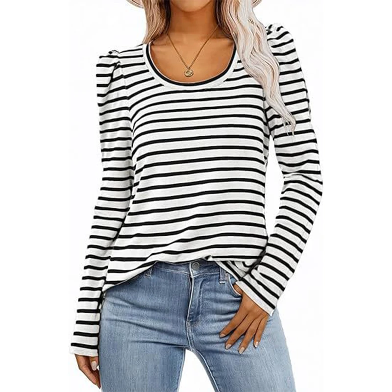 Women Autumn Winter Casual T-shirt Ladies Stripe Solid Tops Clothing For 2024-2025