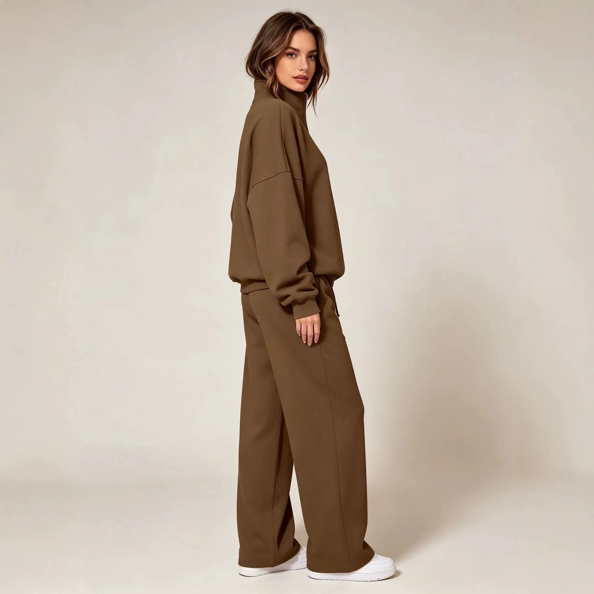 Fashion Women's 2-Piece Set 2026 Women's Set Women's Sports Set Lapel Zipper Patch Full Sleeve Sweatshirt Elastic Waist Pants