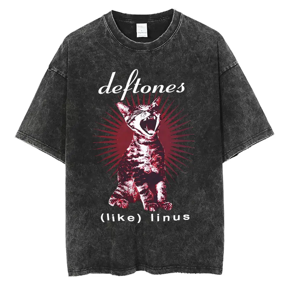 Washed Vintage Rock Band Deftones Cat Graphic T-shirts Men Alternative Heavy Metal Short Sleeve T Shirts Male Retro Streetwear