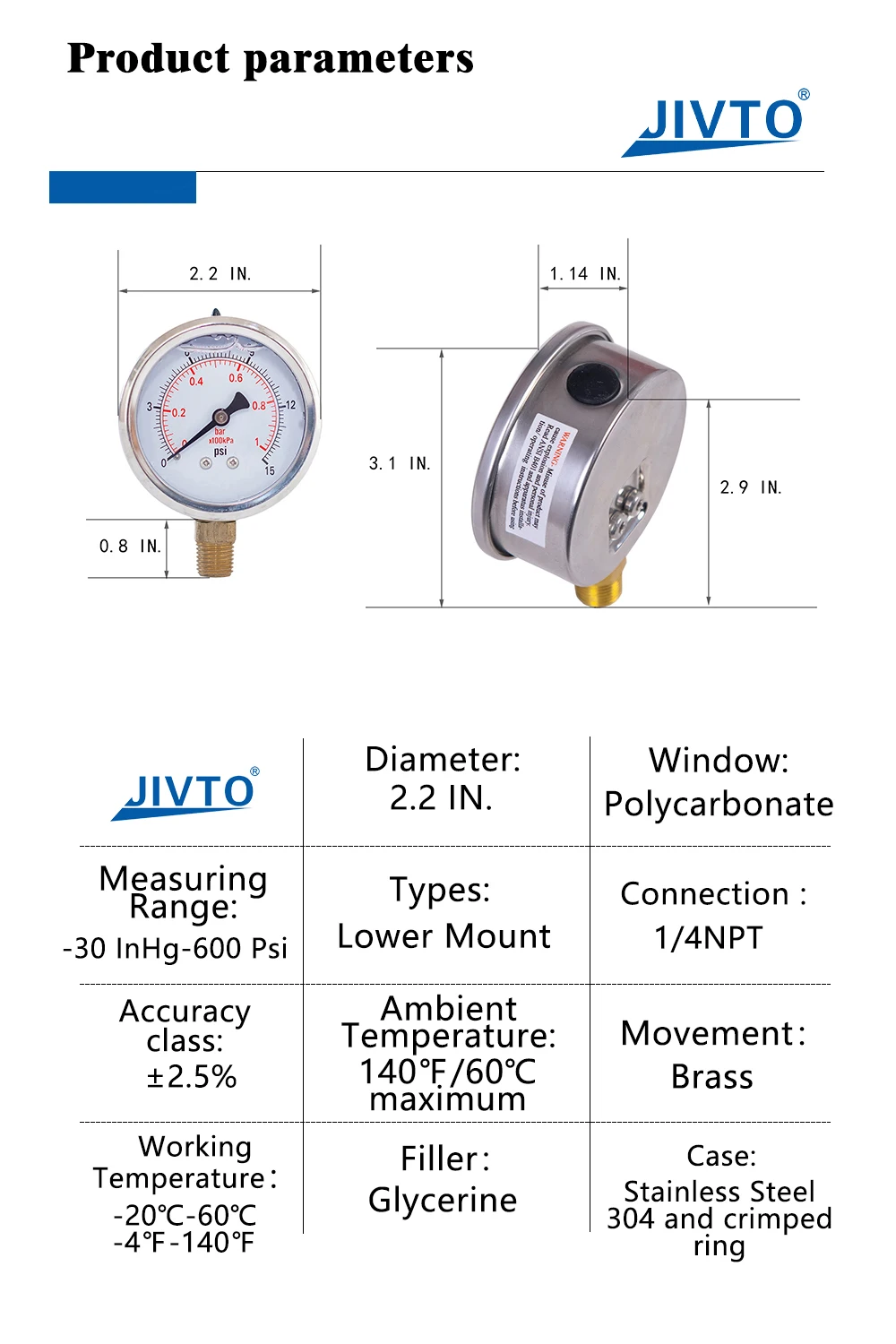 JIVTO mit Glyzerin gefülltes Compound-Manometer, 2 Zoll Durchmesser, 1/4 NPT, untere Montage, -30 Zoll Hg-30,30, 60,100,160, 200,300,600 psi und Bar – Detail 3