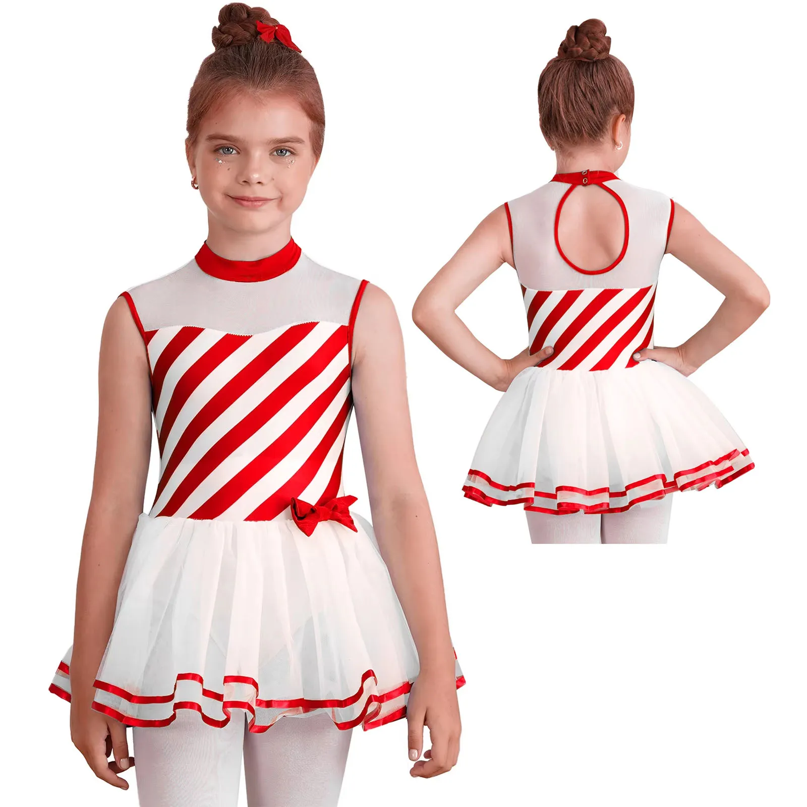 Girls Christmas Candy Cane Costume Xmas Santa Claus Mesh Tutu Ballet Dance Dress for Halloween Carnival Cosplay Performance