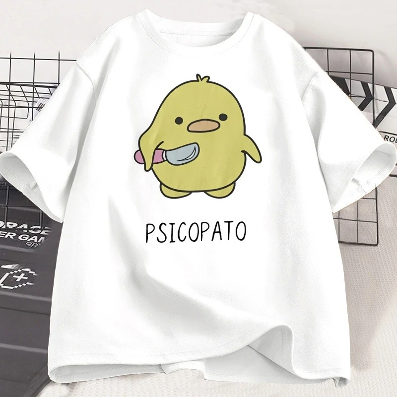 تي شيرت Psicopato للرجال والنساء على شكل بطة لطيفة مع سكين تي شيرت كاجوال بأكمام قصيرة من القطن مطبوع برقبة دائرية تي شيرت فضفاض ملابس الشارع