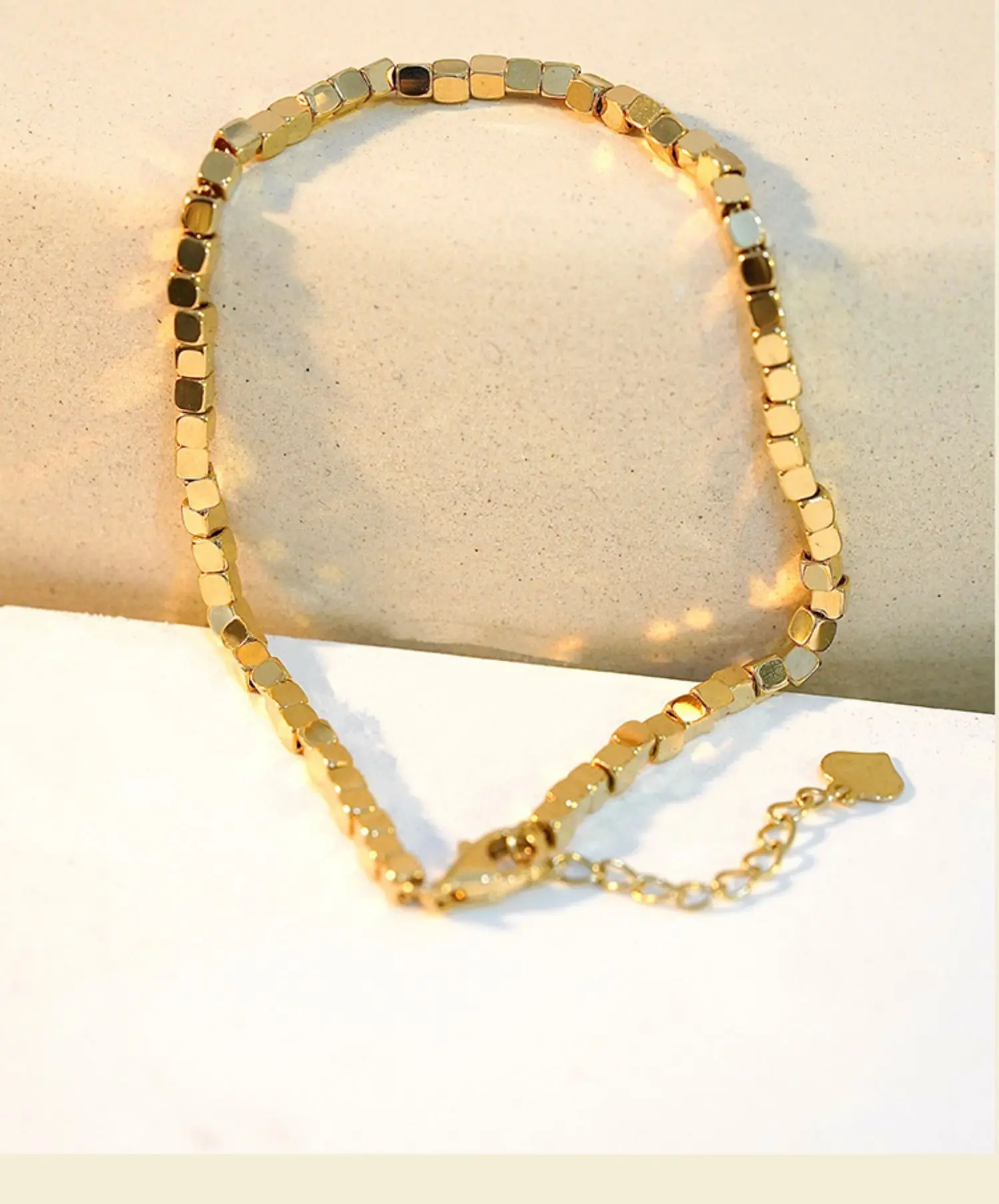 Pure 18K Yellow Gold Bracelet Women 2mm Solid Square Beaded Link 16cm and 2.5cm Extender Chain