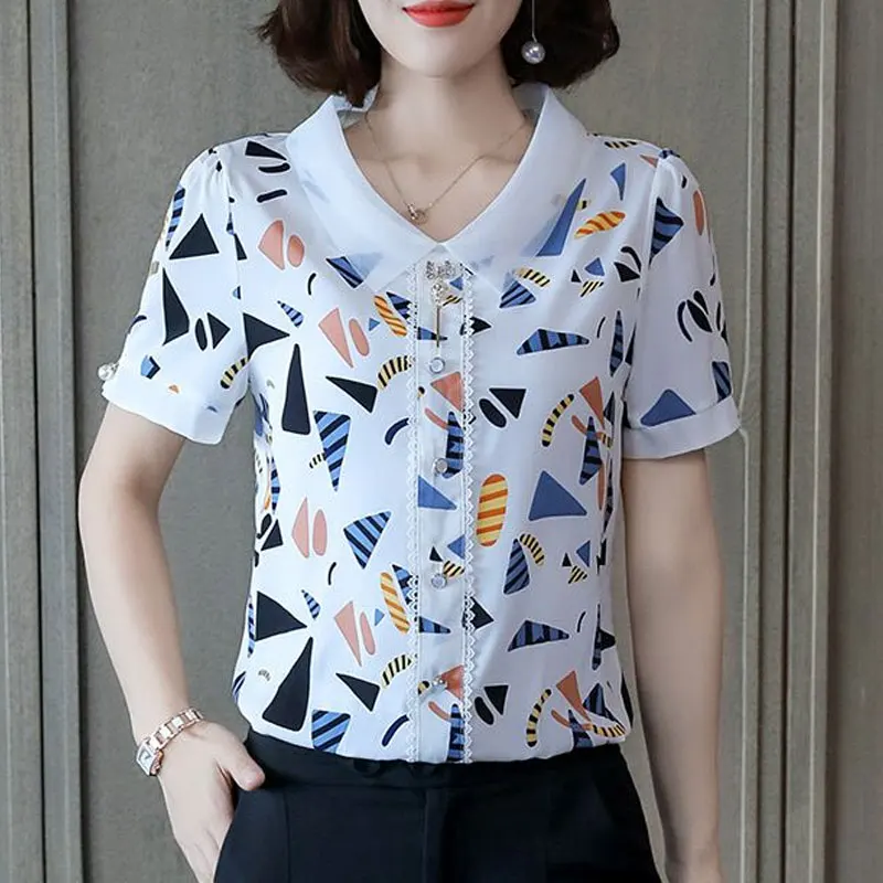 Fashion Geometric Printed Blouse Casual Gauze Peter Pan Collar Female Button Lace 2023 Summer Three-dimensional Decoration Shirt