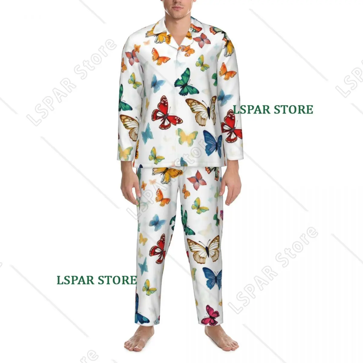 Color Butterflies Pajamas Men Animal Print Trendy Leisure Sleepwear Spring 2 Pieces Casual Oversized Custom Home Suit