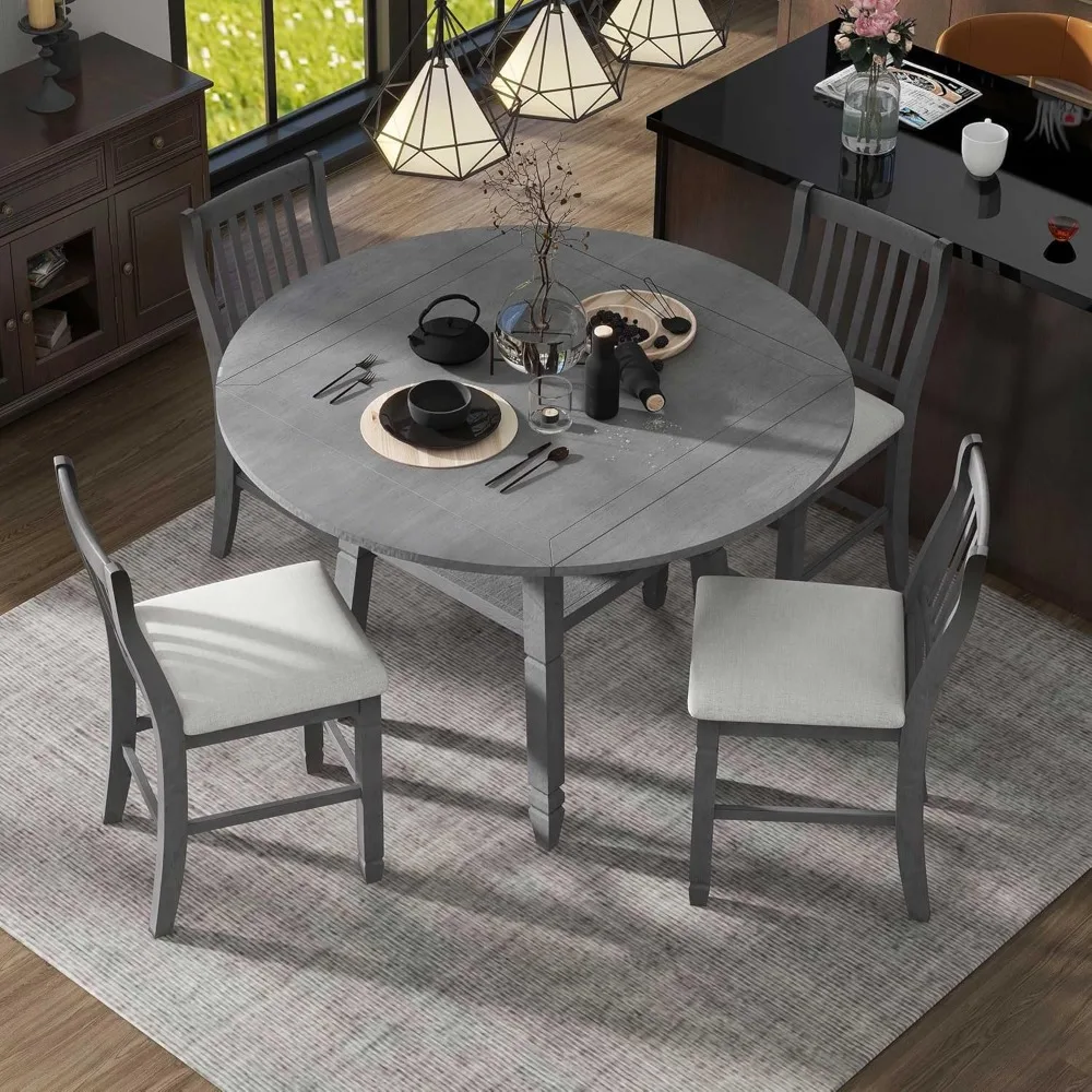 5 Piece Dining Table Set for 4,Extandable Counter Height Table Set with Storage Shelf and 4 Padded Chairs, Dining Tables