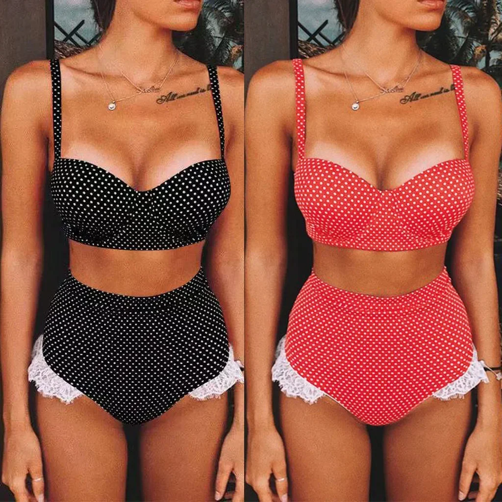 Womens Polka Dot Printing Bikini Set Sling Steel Support Padded Lace Border Push Up Swimwear High Waist Thong Swimsuit 2024