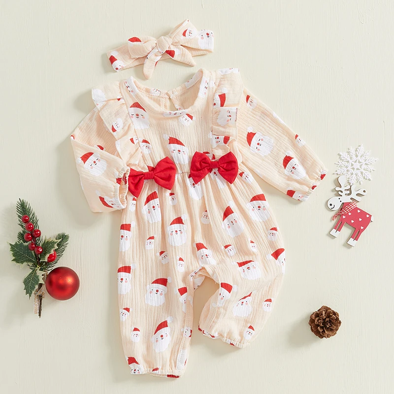 

Suefunskry Baby Girls Christmas Jumpsuit Long Sleeve O-Neck Santa Claus Print Romper with Headband