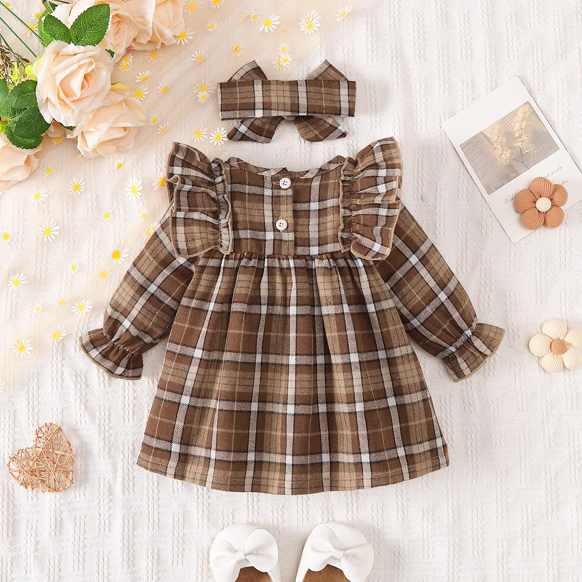 2Pcs Baby Girl Plaid Dress Set Fall Sweet Ruffle Long Sleeve Dress With Bow Headband Infant Clothes Outfit for 0-18 Months