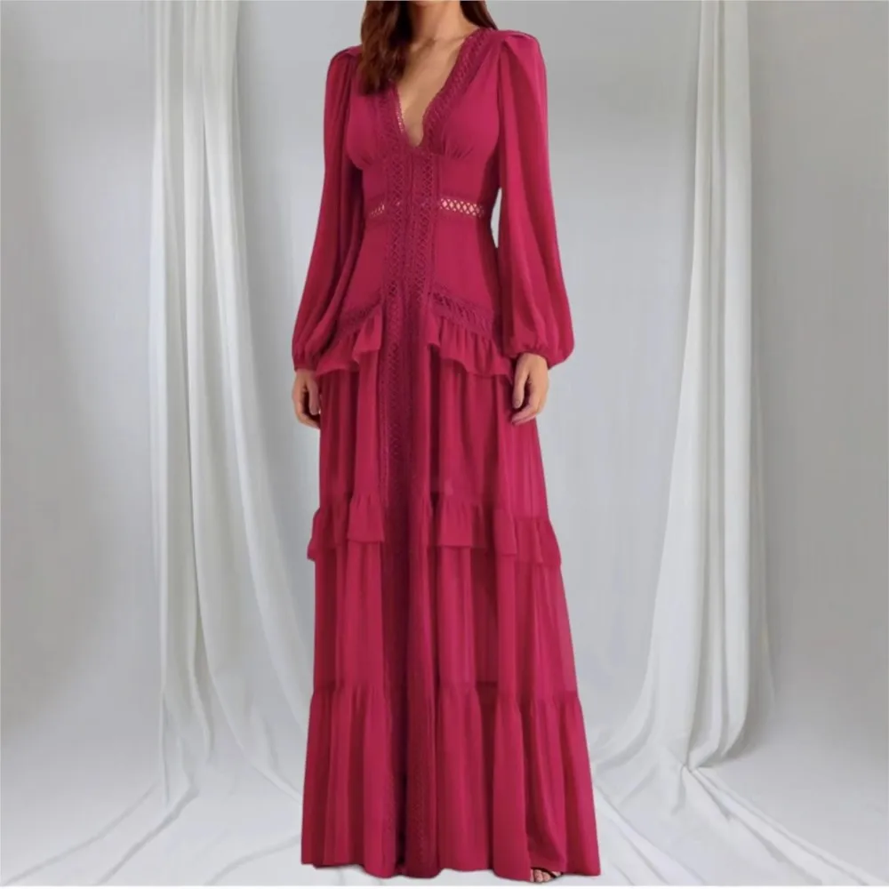 

Lace Hollow Splicing Long-sleeved Dress Spring Summer Women Sexy V-neck Loose Long Dress Vestidos De Fiesta Elegantes Ropa Mujer
