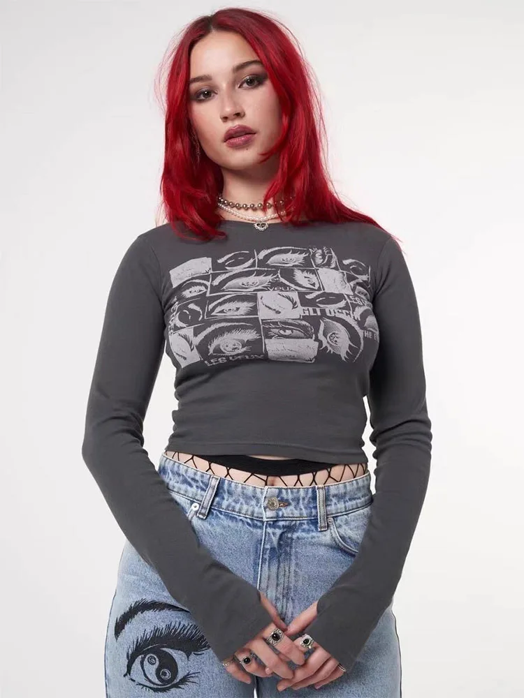 

Женская тонкая футболка с длинными рукавами и принтом глаз в стиле ретро, винтажный топ с рисунком феи в стиле гранж, инди-эстетический весенний топ Cyber Y2k