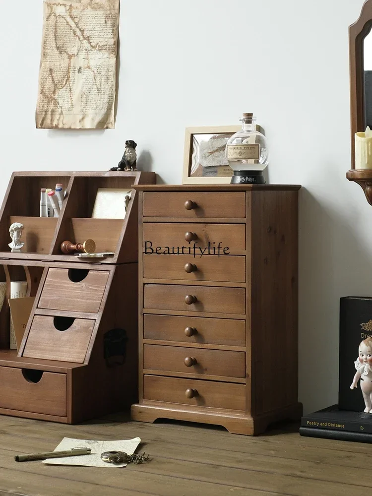 

01Storage Cabinet Small Handcrafted Solid Wood Drawer Multi-layer Cosmetics Vintage Storage Box